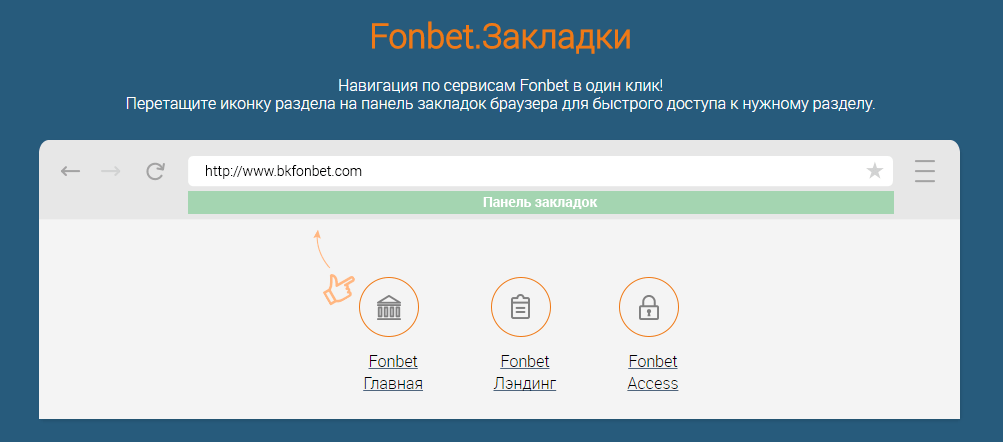 Страница с инструкциями по работе с закладками для быстрого доступа к сайту Fonbet.com (Синий фонбет)