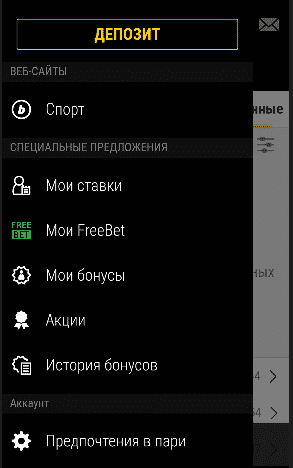 Меню мобильной версии сайта бк Bwin.ru