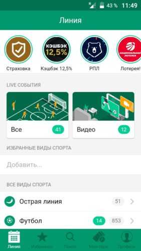 Интерфейс андроид-приложения БК Лига Ставок.